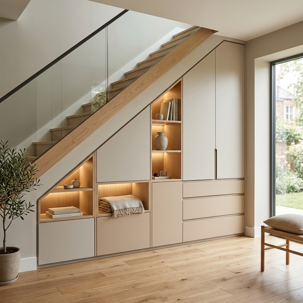 Встроенный шкаф под лестницу с подсветкой