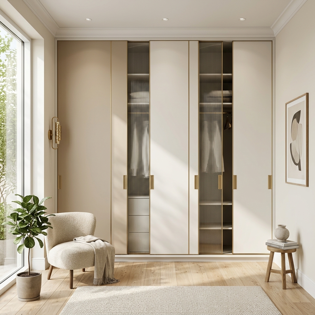 Встроенный бежевый шкаф-купе до потолка