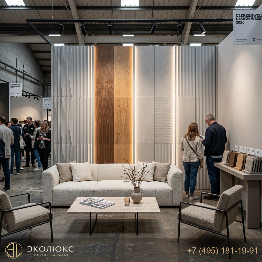 Clerkenwell Design Week 2026 (Лондон): тренды стеновых панелей — рельеф, шпон, микротекстуры и свет