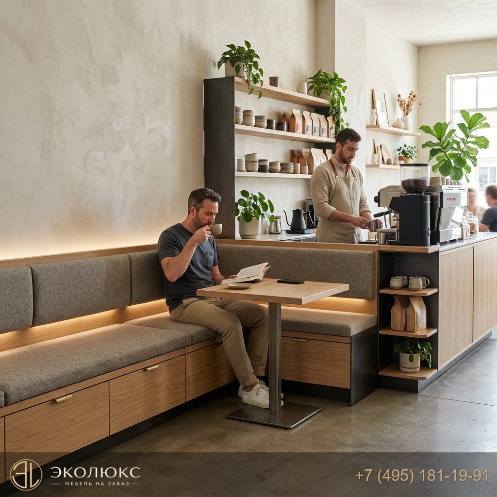 Встроенная мебель для кафе с подсветкой на заказ